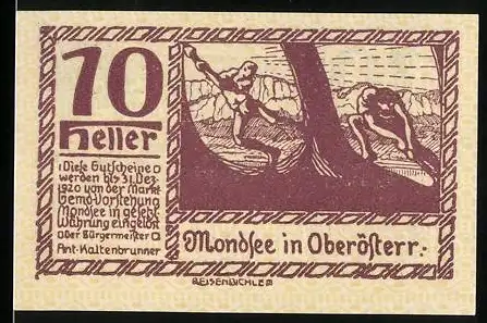 Notgeld Mondsee, 1920, 10 Heller, braune und blaue Abbildungen von Szenen und Wappen