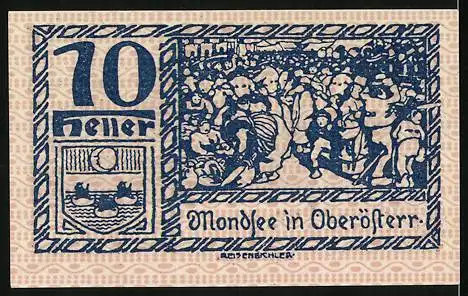 Notgeld Mondsee, 1920, 10 Heller, braune und blaue Abbildungen von Szenen und Wappen