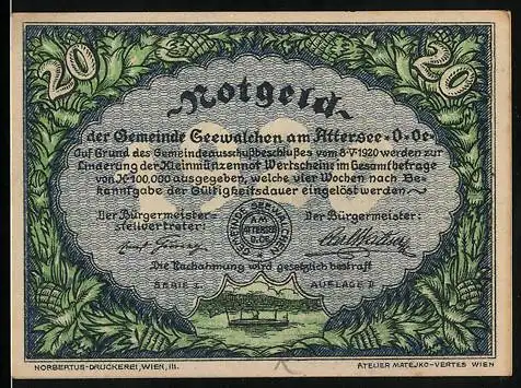 Notgeld Seewalchen am Attersee, 1920, 20 Heller, Landschaft mit See und Gebäuden, Ornamente