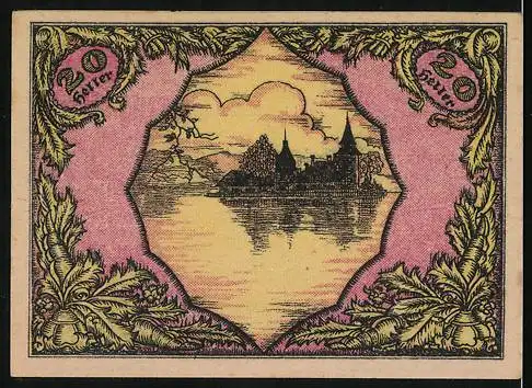 Notgeld Seewalchen am Attersee, 1920, 20 Heller, Landschaft mit See und Gebäuden, Ornamente