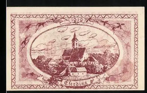 Notgeld Eferding 1919, 20 Heller, Stadtansicht und Wappen mit Burgtor und Männchen