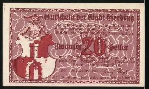 Notgeld Eferding 1919, 20 Heller, Stadtansicht und Wappen mit Burgtor und Männchen