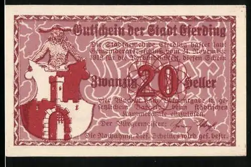 Notgeld Eferding 1919, 20 Heller, Darstellung eines Löwen und einer Kirche