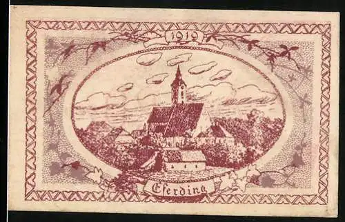 Notgeld Eferding 1919, 20 Heller, Stadtansicht und Wappen mit Löwen