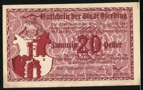 Notgeld Eferding 1919, 20 Heller, Stadtansicht und Wappen mit Löwen