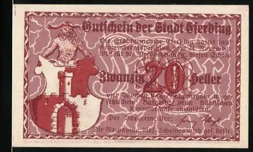 Notgeld Eferding 1919, 20 Heller, Stadtwappen und Kirche, rot-weisser Schein