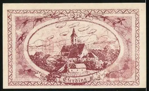 Notgeld Eferding 1919, 20 Heller, Stadtwappen und Kirche, rot-weisser Schein