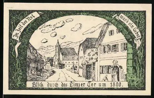 Notgeld Eferding 1919, 10 Heller, Blick durch das Linzer Tor um 1800, Stadtwappen und Bürgermeisterunterschrift