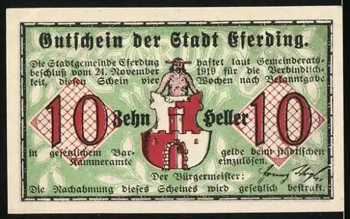 Notgeld Eferding 1919, 10 Heller, Blick durch das Linzer Tor um 1800, Stadtwappen und Bürgermeisterunterschrift