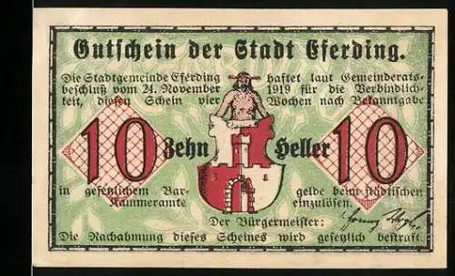 Notgeld Eferding 1919, 10 Heller, Gutschein der Stadt mit Stadtwappen und historischem Stadttor