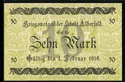 Notgeld Elberfeld 1918, 10 Mark, Kriegsnotgeld mit Stadtwappen und Gültigkeitsdatum 1. Februar 1919