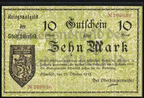 Notgeld Elberfeld 1918, 10 Mark, Kriegsnotgeld mit Stadtwappen und Gültigkeitsdatum 1. Februar 1919