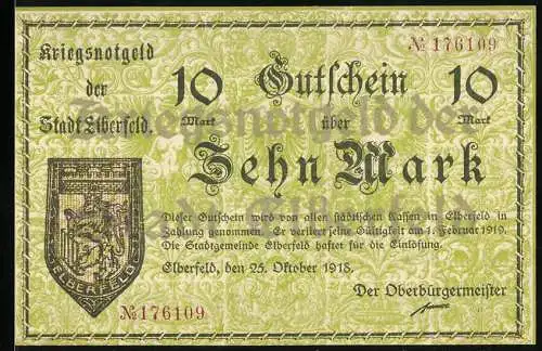 Notgeld Elberfeld, 1918, 10 Mark, Kriegsnotgeld der Stadt Elberfeld, gültig bis 1. Februar 1919