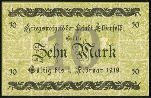 Notgeld Elberfeld, 1918, 10 Mark, Kriegsnotgeld der Stadt Elberfeld, gültig bis 1. Februar 1919