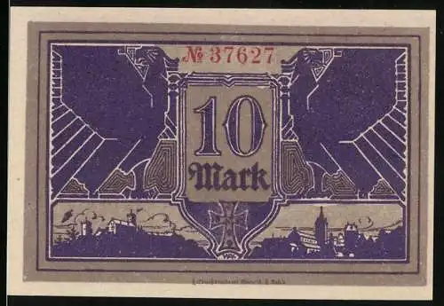 Notgeld Eisenach 1918, 10 Mark, lila Adler und Stadtansicht