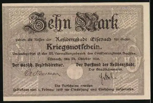 Notgeld Eisenach 1918, 10 Mark, lila Adler und Stadtansicht