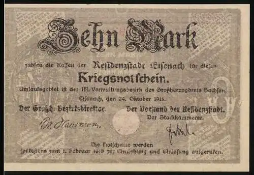 Notgeld Eisenach 1918, 10 Mark, Kriegsnotgeldschein mit lila Rückseite und Gebäudemotiv