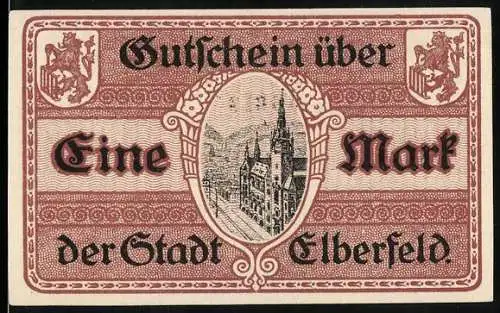 Notgeld Elberfeld, 1918, Eine Mark, Gutschein der Stadt Elberfeld mit Stadtansicht und Wappen