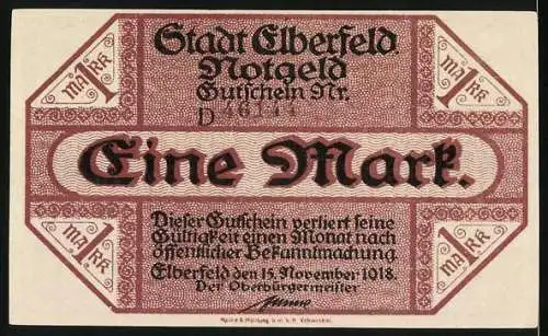 Notgeld Elberfeld, 1918, Eine Mark, Gutschein der Stadt Elberfeld mit Stadtansicht und Wappen