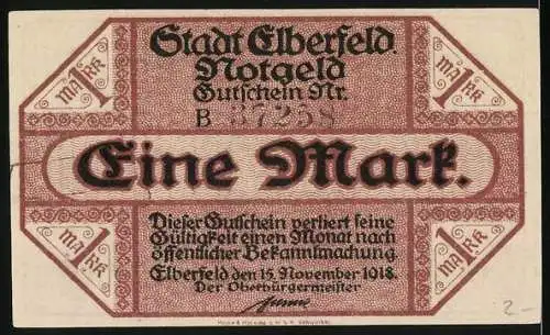 Notgeld Elberfeld 1918, Eine Mark, Gutschein der Stadt Elberfeld, Seriennummer B 97598