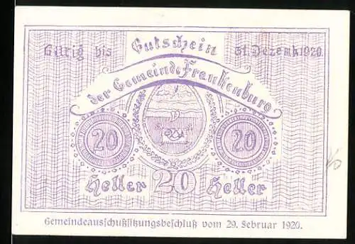 Notgeld Frankenburg 1920, 20 Heller, lila Schein mit Wappen und Landschaftsbild