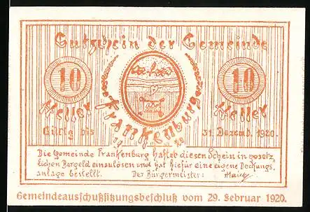 Notgeld Frankenburg, 1920, 10 Heller, Gutschein der Gemeinde Frankenburg mit Gemeindesiegel und Burgmotiv