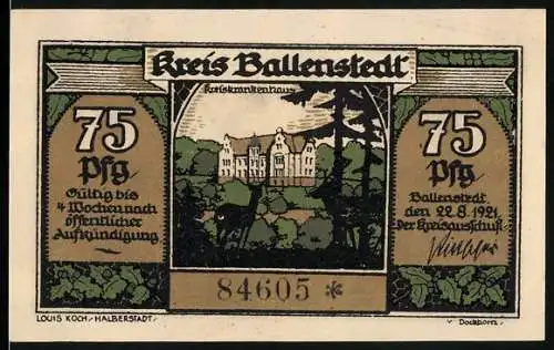 Notgeld Ballenstedt, 1921, 75 Pfennig, Krankenhaus und Märchenwald-Szene