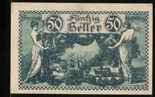 Notgeld Helfenberg, 1920, 50 Heller, Zwei Frauenfiguren mit Landschaft im Hintergrund