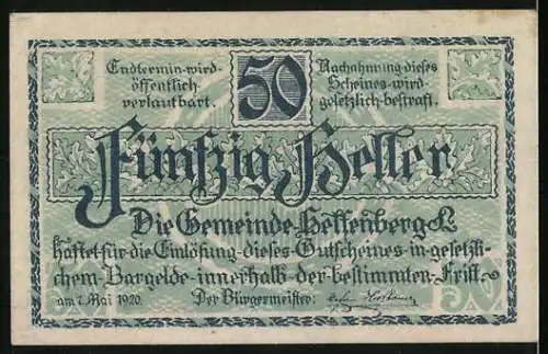 Notgeld Helfenberg, 1920, 50 Heller, Zwei Frauenfiguren mit Landschaft im Hintergrund