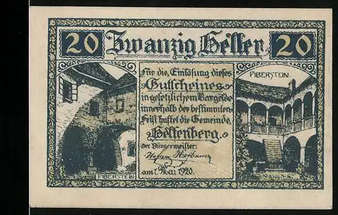 Notgeld Helfenberg 1920, 20 Heller, Burgansicht und Gemeindesiegel