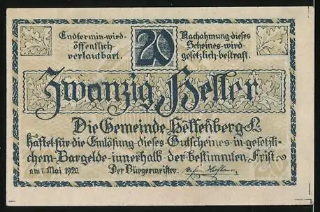 Notgeld Helfenberg 1920, 20 Heller, Burgansicht und Gemeindesiegel