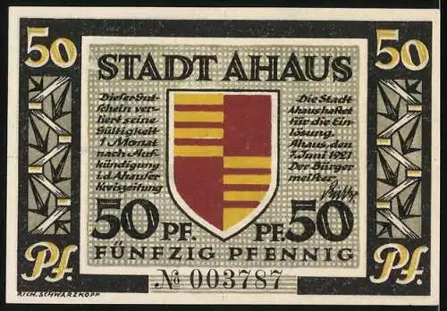 Notgeld Ahaus, 1921, 50 Pf, Schloss Ahaus mit Wappen und Text