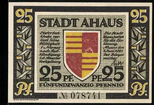 Notgeld Ahaus, 1921, 25 Pfennig, Stadtwappen und Standbild des Professors Dr. H. Landolt, Nr. 078711