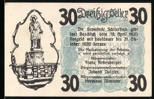 Notgeld Schlierbach, 1920, 30 Heller, Statue und Landschaft der Gemeinde Schlierbach