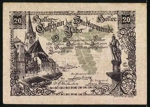 Notgeld Ybbs, 1920, 20 Heller, Stadtansicht mit Kirche und Statue, Stadtwappen und Schriftzug