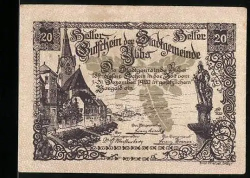 Notgeld Ybbs, 1920, 20 Heller, Stadtansicht mit Kirche und Stadtwappen