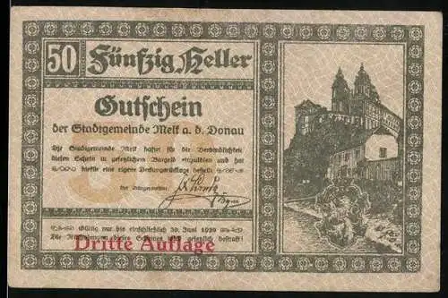 Notgeld Melk a. d. Donau 1920, 50 Heller, Gutschein der Stadtgemeinde Melk Dritte Auflage mit Burgabbildung