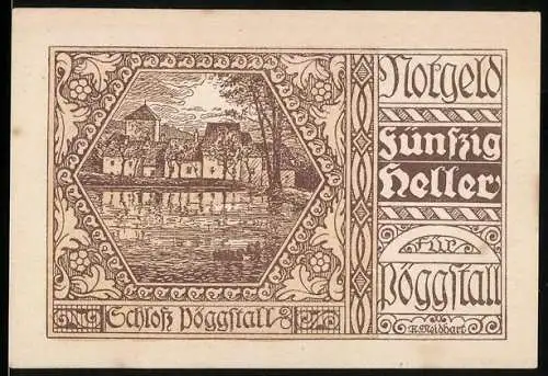 Notgeld Pöggstall, 1920, 50 Heller, Schloss Pöggstall und Einlösebedingungen