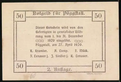 Notgeld Pöggstall, 1920, 50 Heller, Schloss Pöggstall und Einlösebedingungen