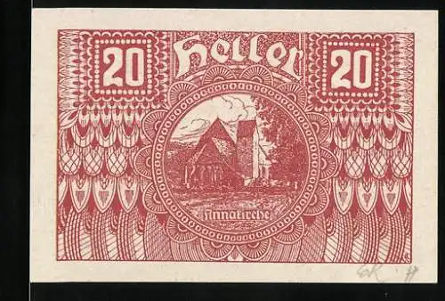 Notgeld Pöggstall 1920, 20 Heller, Gutschein mit Kirche und Text in Rot, 2. Auflage