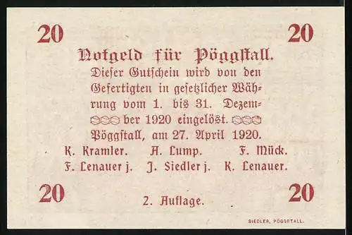 Notgeld Pöggstall 1920, 20 Heller, Gutschein mit Kirche und Text in Rot, 2. Auflage