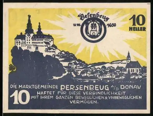 Notgeld Persenbeug a/D Donau 1920, 10 Heller, Ansicht von Persenbeug und Wappen der Marktgemeinde