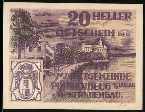 Notgeld Persenbeug an der Donau, 1920, 20 Heller, Gutschein der Marktgemeinde Persenbeug mit Wappen und Landschaft