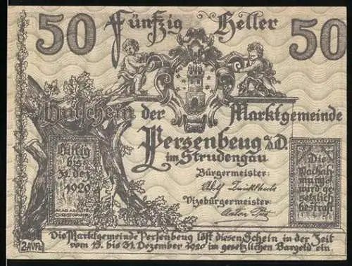 Notgeld Persenbeug 1920, 50 Heller, Ansicht von Burg und Landschaft, Wappen und Inschrift der Marktgemeinde