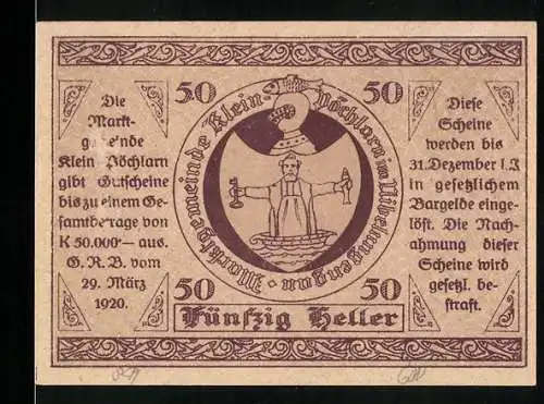 Notgeld Klein-Pöchlarn, 1920, 50 Heller, Marktszene mit Wappen und Kirche