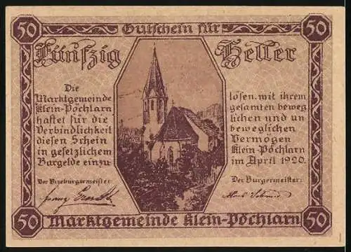 Notgeld Klein-Pöchlarn, 1920, 50 Heller, Marktszene mit Wappen und Kirche