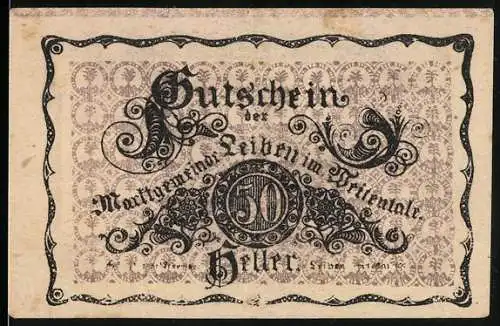 Notgeld Leiben 1920, 50 Heller, Gutschein mit Schloss Leiben, Text und Mustern