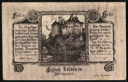 Notgeld Leiben 1920, 50 Heller, Gutschein mit Schloss Leiben, Text und Mustern