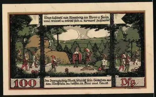 Notgeld Ballenstedt, 1921, 100 Pfennig, Bergwerkszene und Zwerge im Wald