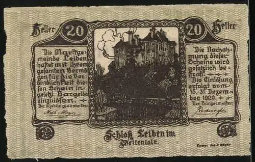 Notgeld Leiben 1920, 20 Heller, Gutschein der Marktgemeinde Leiben im Weitental, Schloss Leiben im Weitental